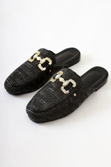 Benny Black Stone Buckle Detailed Straw Slippers