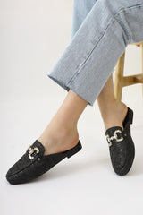 Benny Black Stone Buckle Detailed Straw Slippers