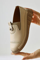 Bethina Beige Rivet Detailed Laser Perforated Ballerinas