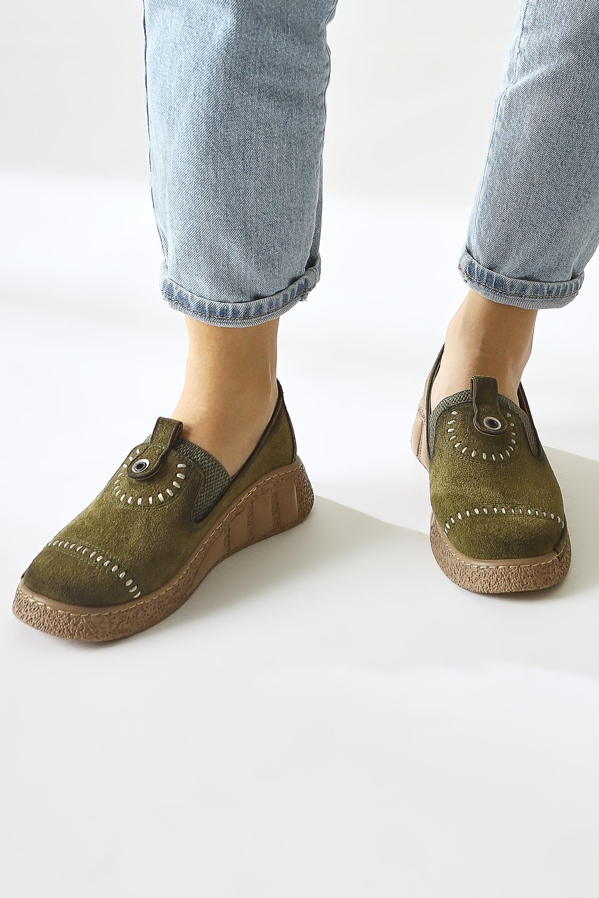 Bethina Khaki Suede Rivet Detailed Laser Perforated Ballerinas