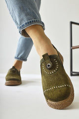 Bethina Khaki Suede Rivet Detailed Laser Perforated Ballerinas