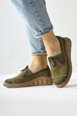 Bethina Khaki Suede Rivet Detailed Laser Perforated Ballerinas