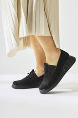 Bethina Black Suede Rivet Detailed Laser Perforated Ballerinas