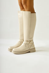 Birgita Beige Buckle Detailed Zippered Boots