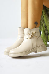 Birta Beige Buckle Detailed Oval Toe Boots