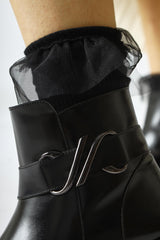 Birta Black Patent Leather Buckle Detailed Oval Toe Boots