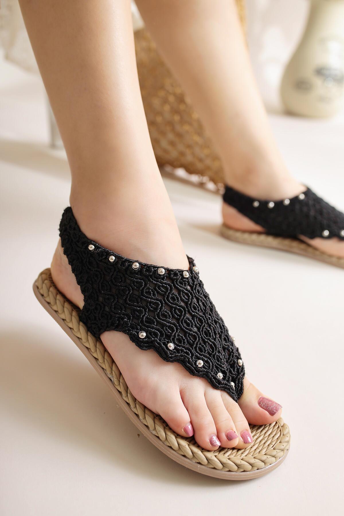 Blythe Black Knit Stone Detailed Eva Soled Sandals