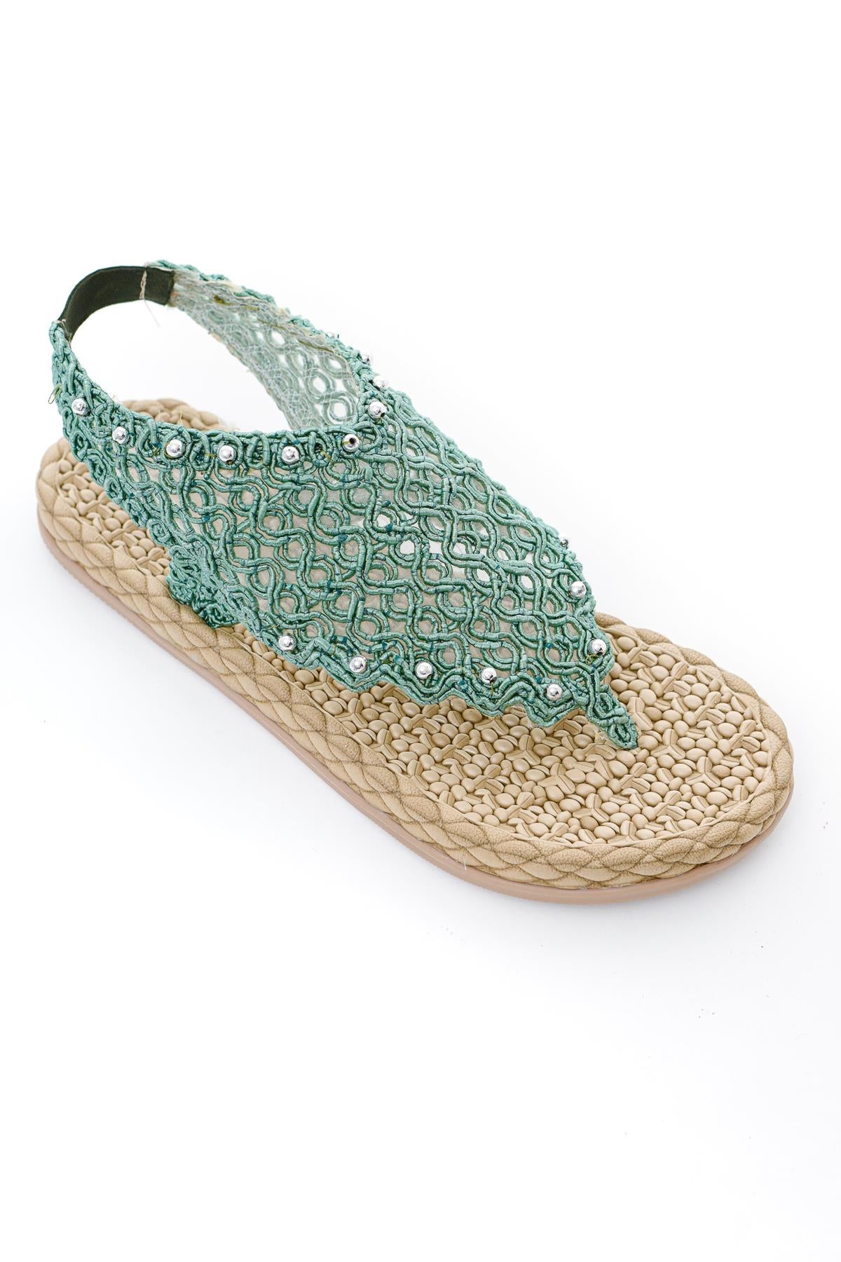 Blythe Green Knit Stone Detailed Eva Soled Sandals