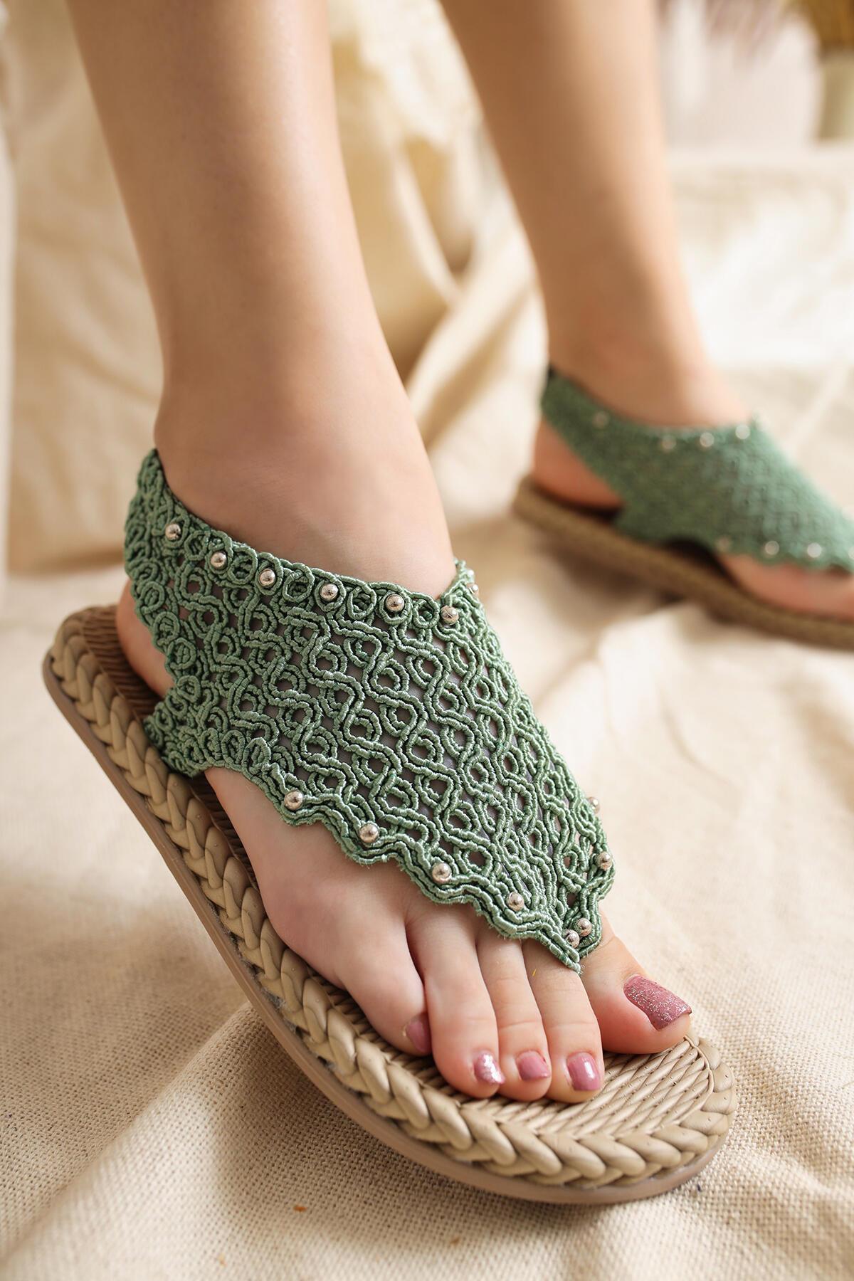 Blythe Green Knit Stone Detailed Eva Soled Sandals