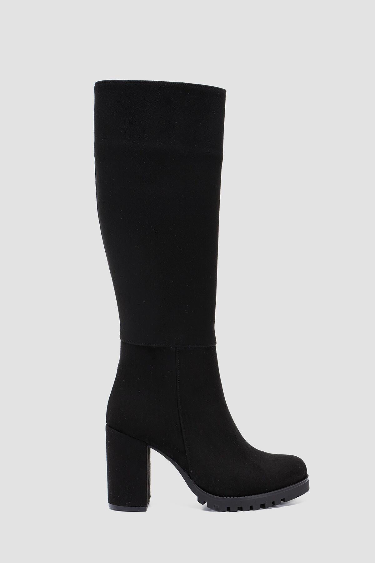 Brooklynn Black Suede Chunky Heeled Knee High Boots