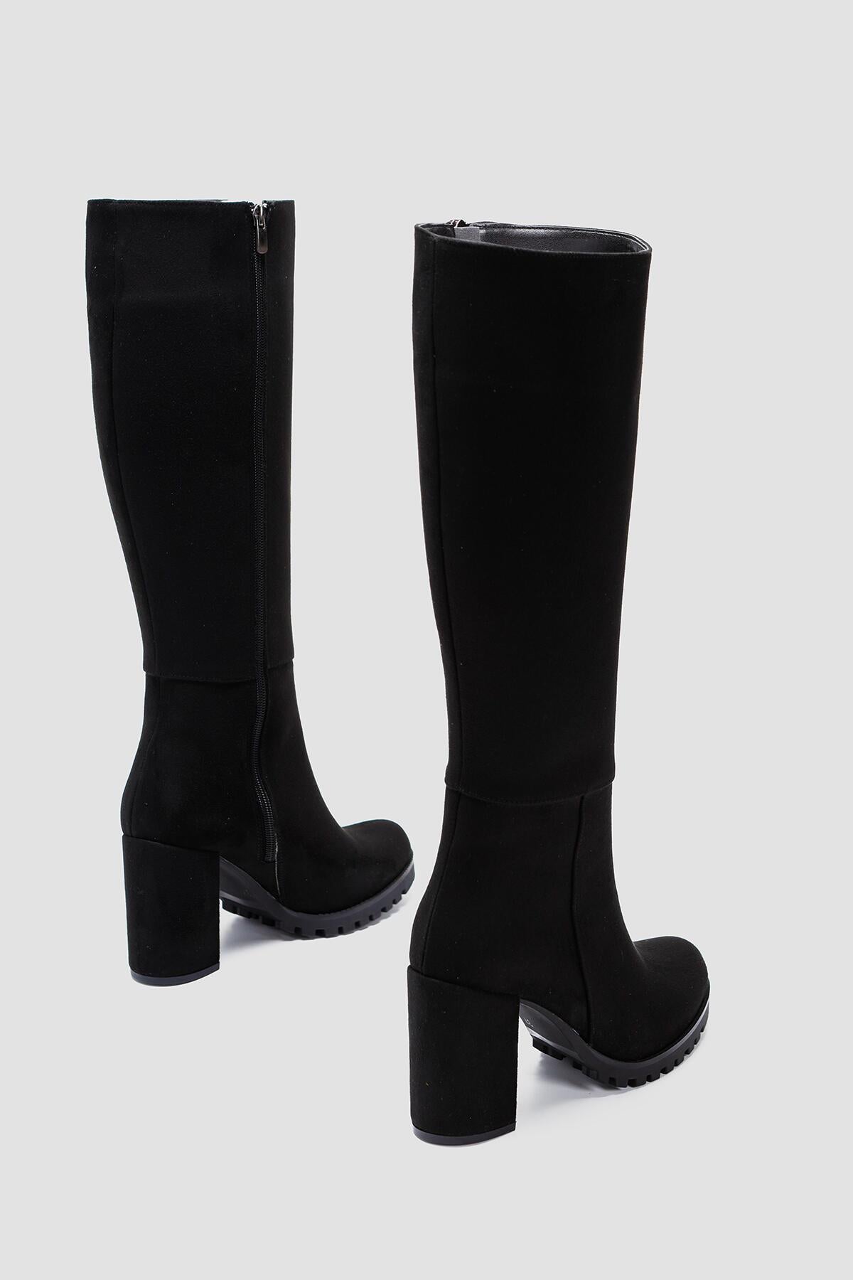 Brooklynn Black Suede Chunky Heeled Knee High Boots