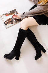 Brooklynn Black Suede Chunky Heeled Knee High Boots