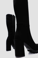 Brooklynn Black Suede Chunky Heeled Knee High Boots