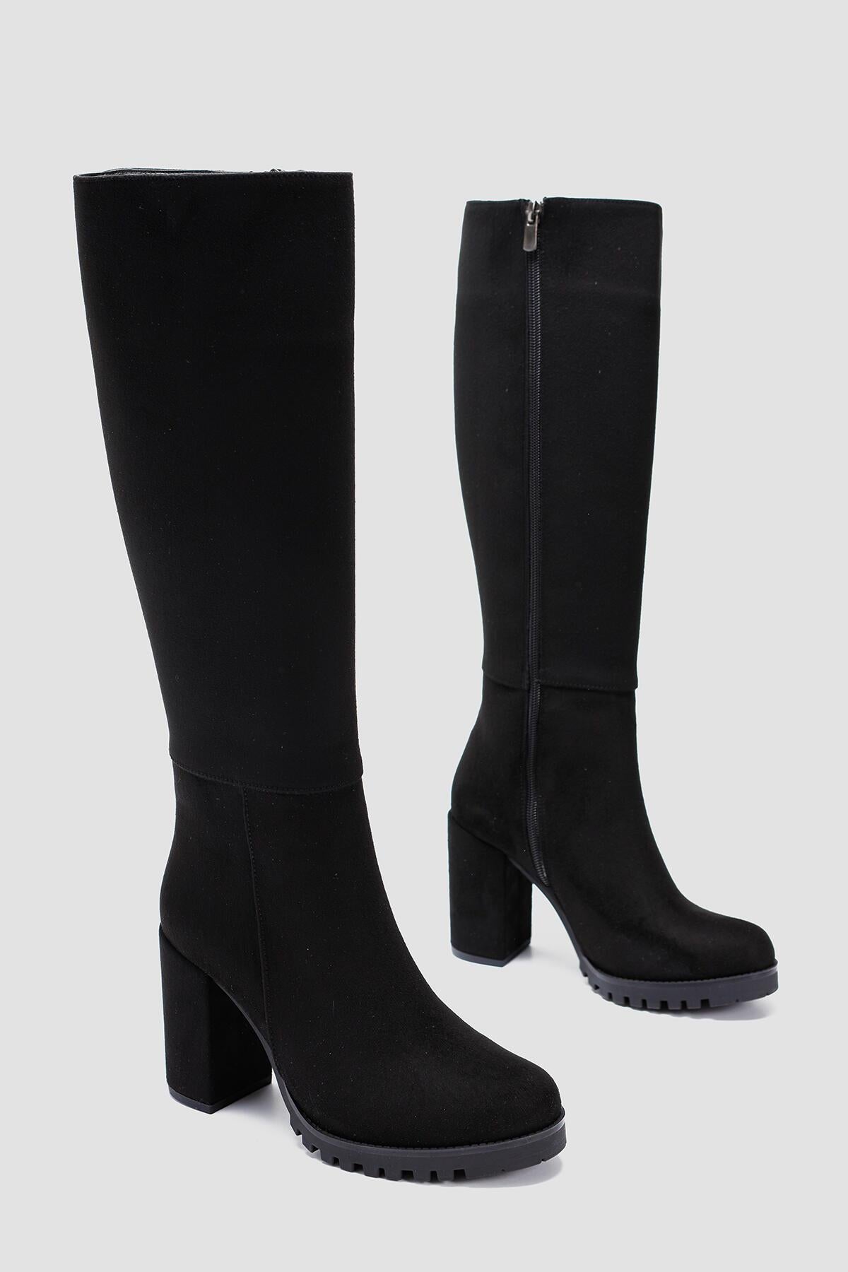 Brooklynn Black Suede Chunky Heeled Knee High Boots