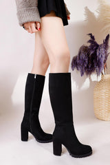 Brooklynn Black Suede Chunky Heeled Knee High Boots