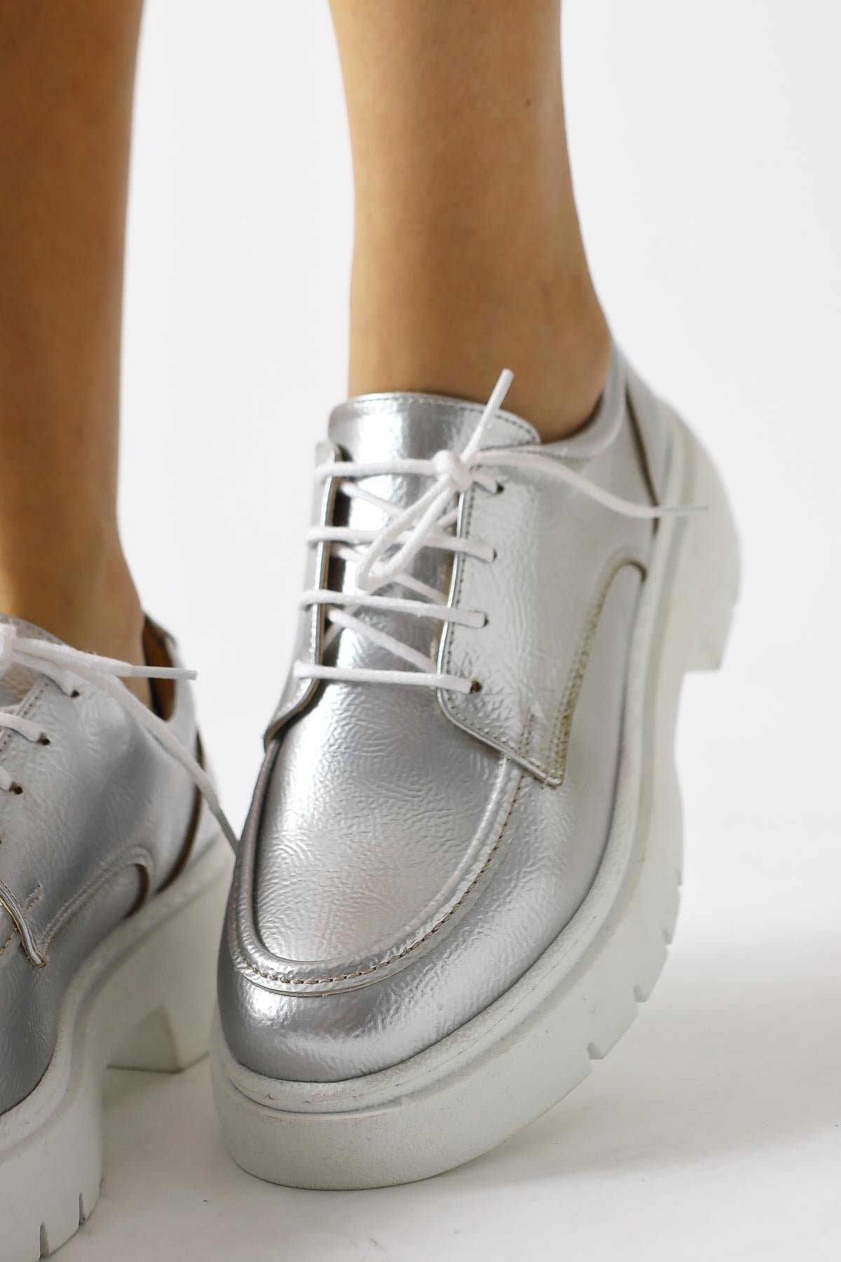 Callie Silver Crinkle Patent Leather Lace-Up Loafers