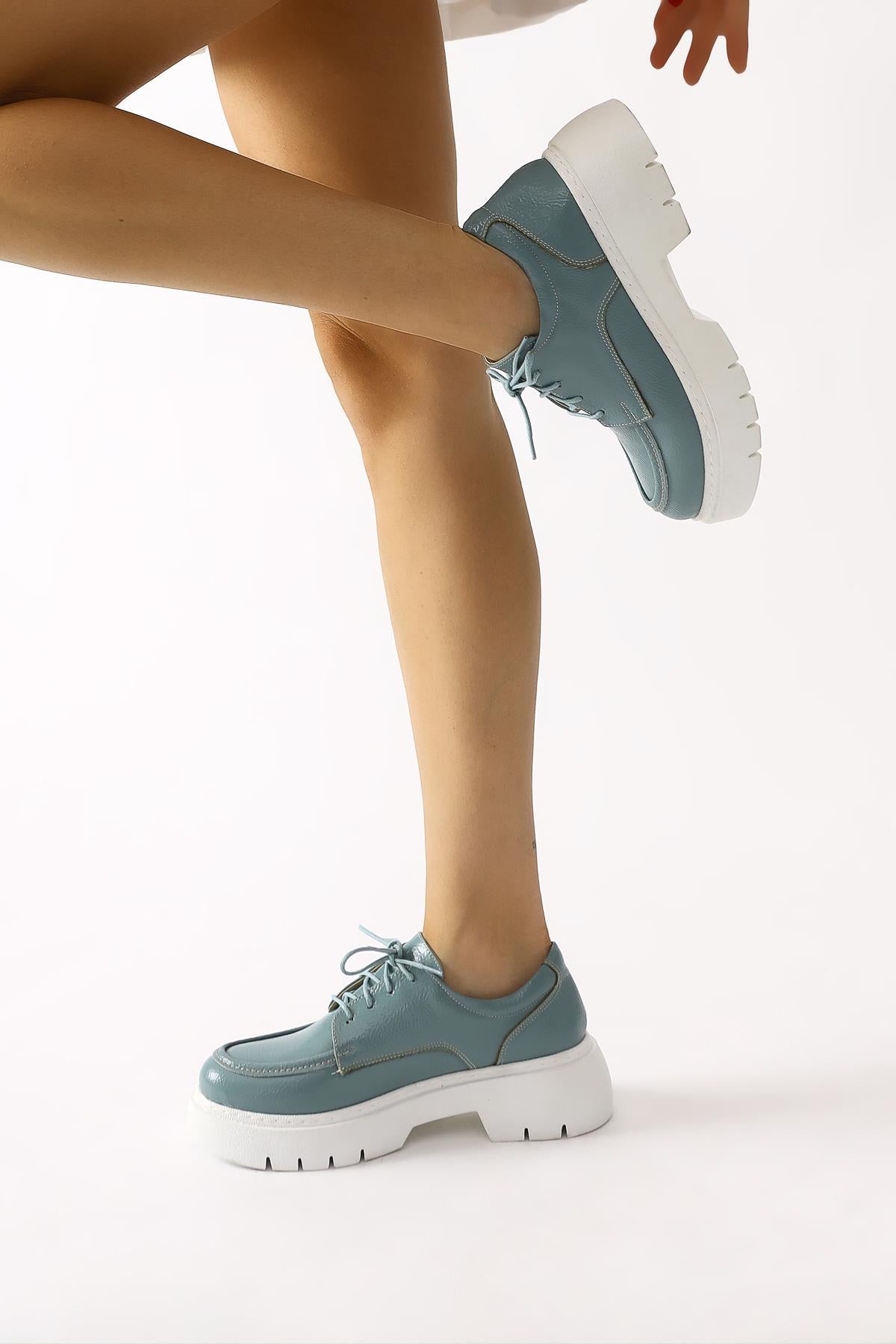 Callie Turquoise Crinkle Patent Leather Lace-Up Loafers