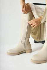 Caterine Beige Buckle Detailed Low Heel Boots