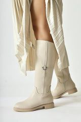 Caterine Beige Buckle Detailed Low Heel Boots