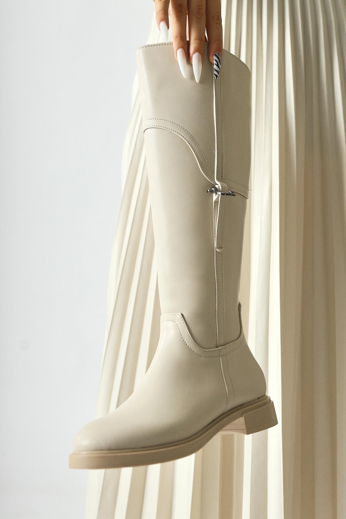 Caterine Beige Buckle Detailed Low Heel Boots