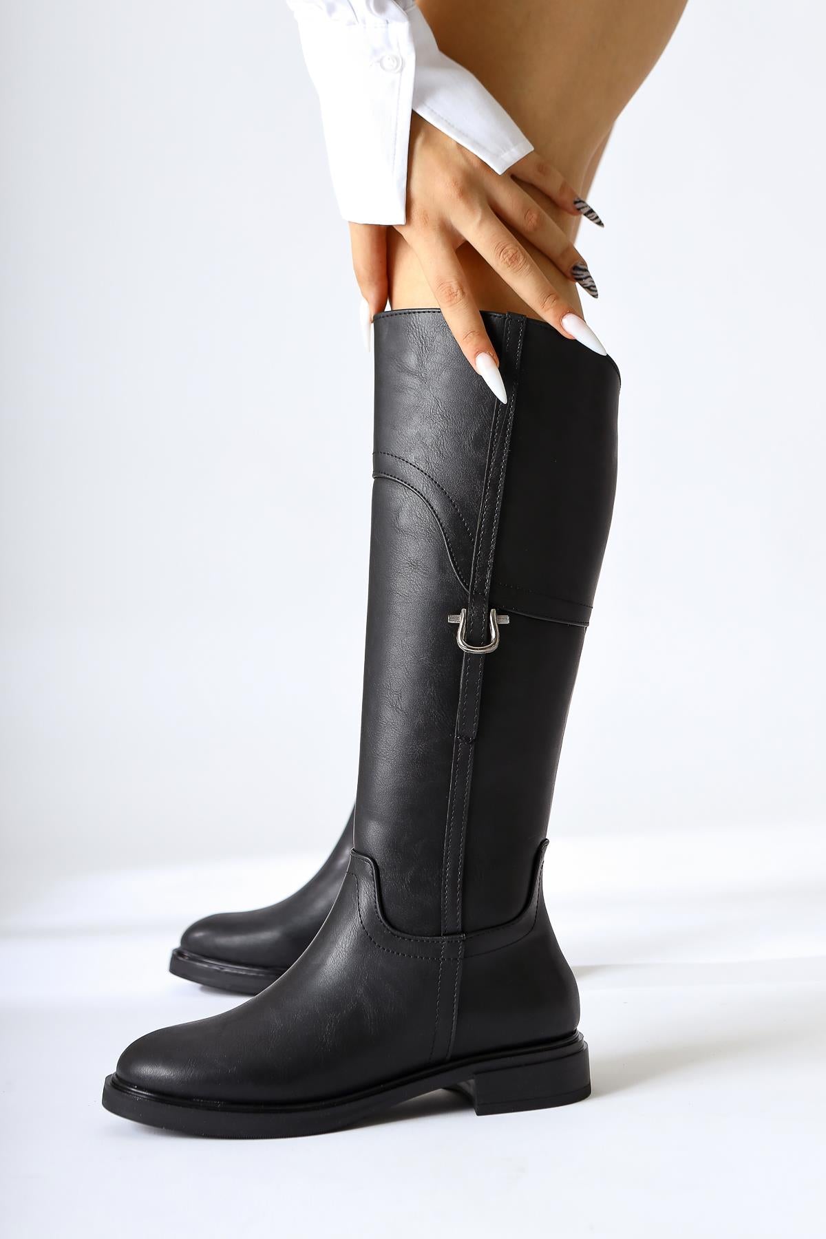 Caterine Black Buckle Detailed Low Heel Boots