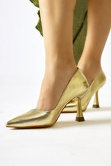 Celestine Gold Crinkle Shiny Patent Leather Pointed Toe Stiletto