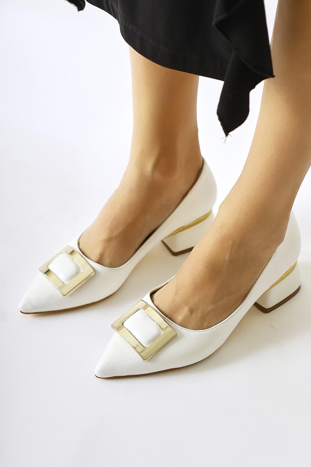 Charoline White Buckled Low Heel Pointed Toe Shoes