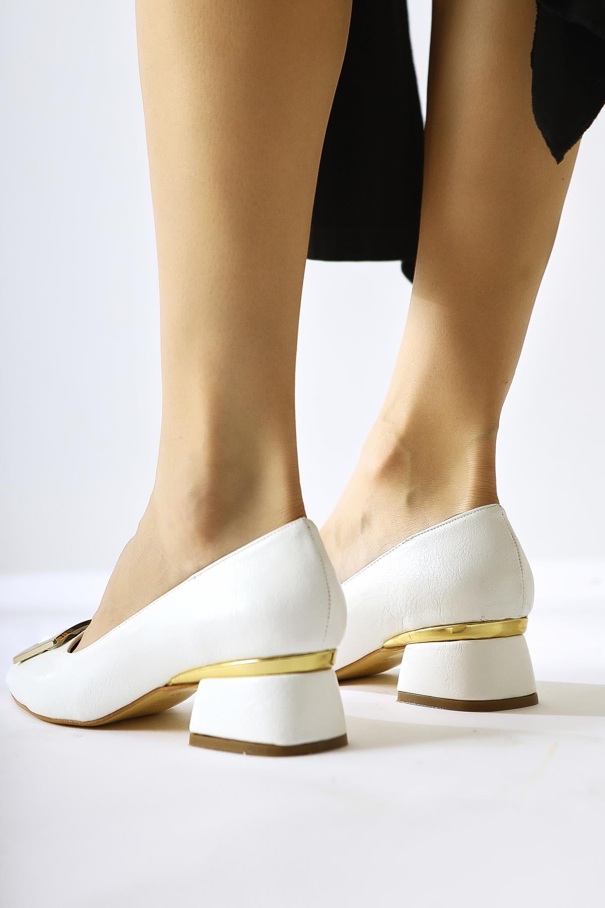 Charoline White Buckled Low Heel Pointed Toe Shoes