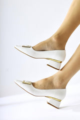 Charoline White Buckled Low Heel Pointed Toe Shoes