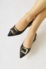 Charoline Black Buckled Low Heel Pointed Toe Shoes