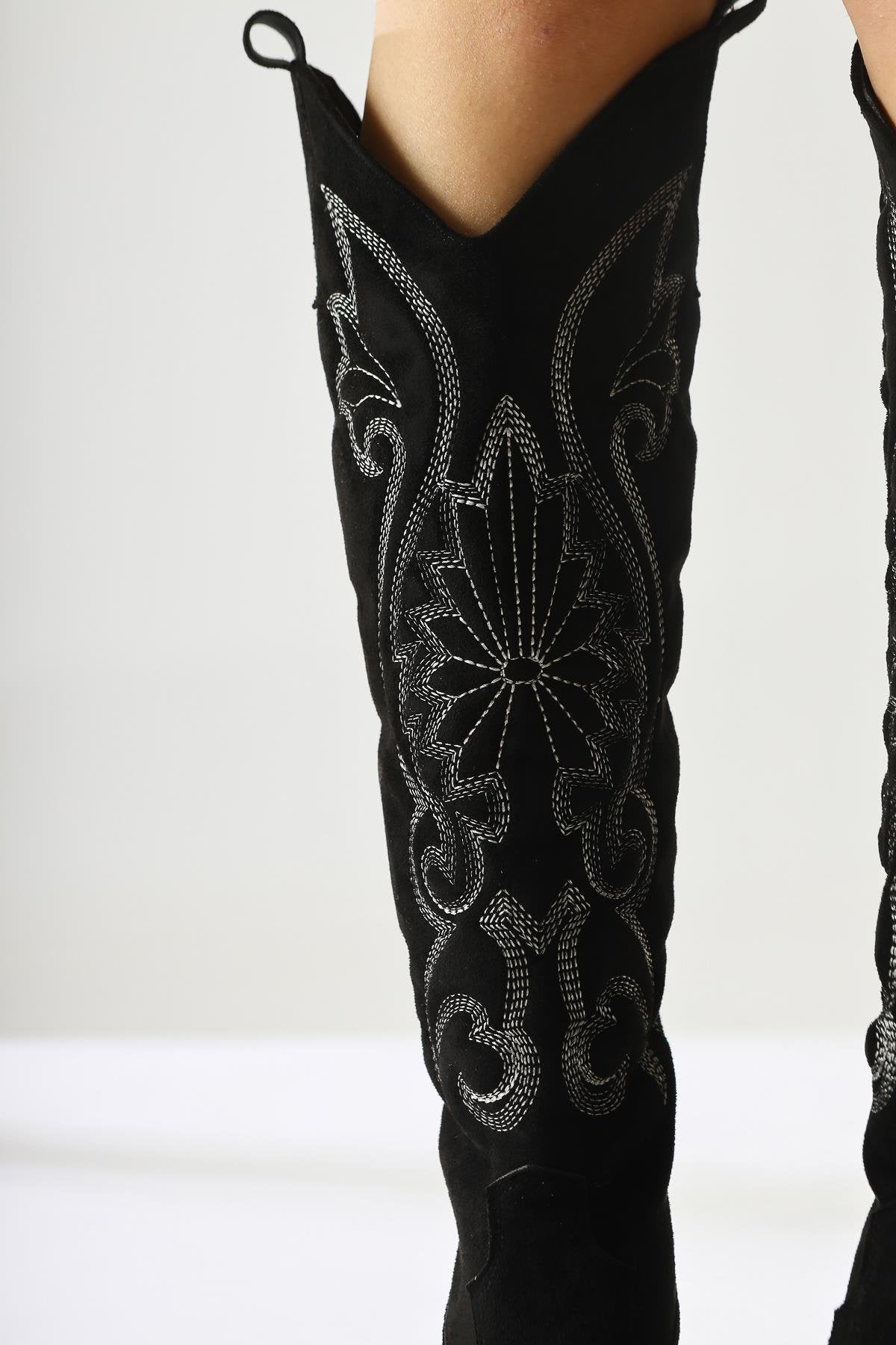 Dani Black Suede Embroidered Detail Pointed Toe Western Boots