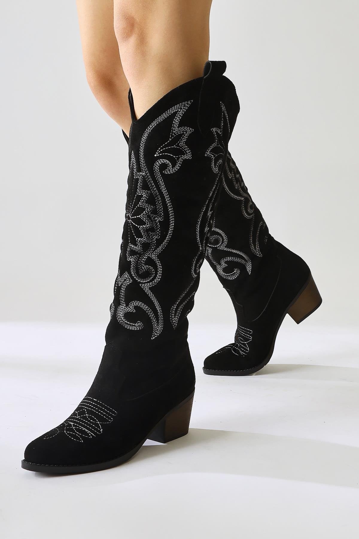 Dani Black Suede Embroidered Detail Pointed Toe Western Boots