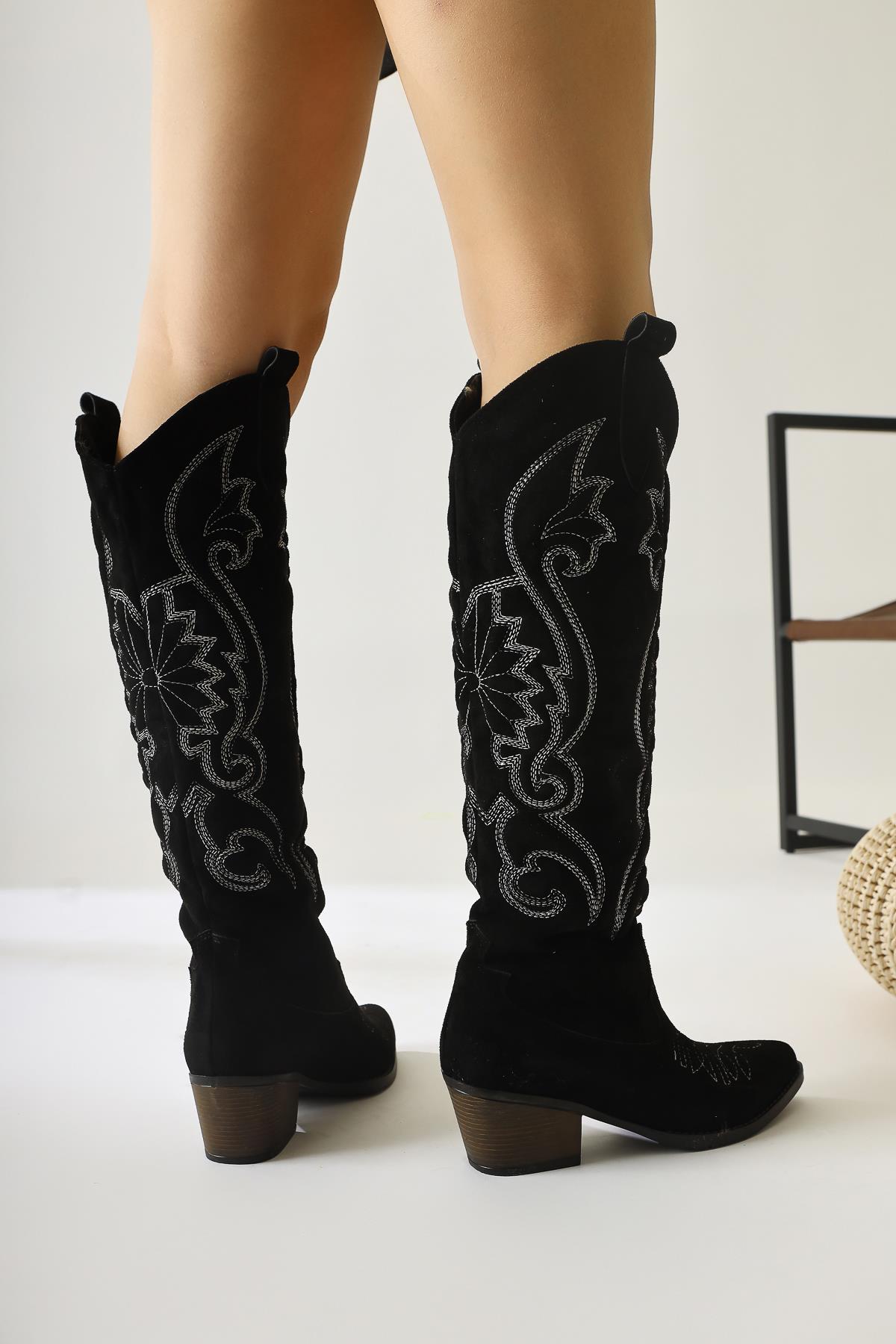 Dani Black Suede Embroidered Detail Pointed Toe Western Boots