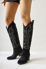 Dani Black Suede Embroidered Detail Pointed Toe Western Boots