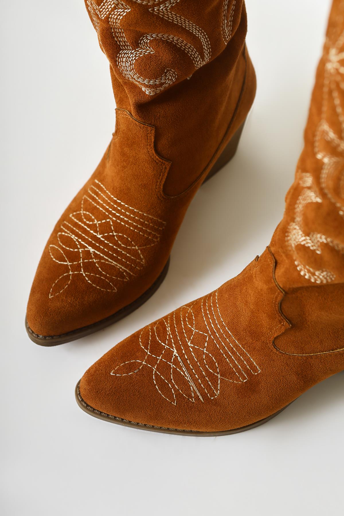 Dani Tan Suede Embroidered Detail Pointed Toe Western Boots