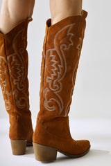 Dani Tan Suede Embroidered Detail Pointed Toe Western Boots