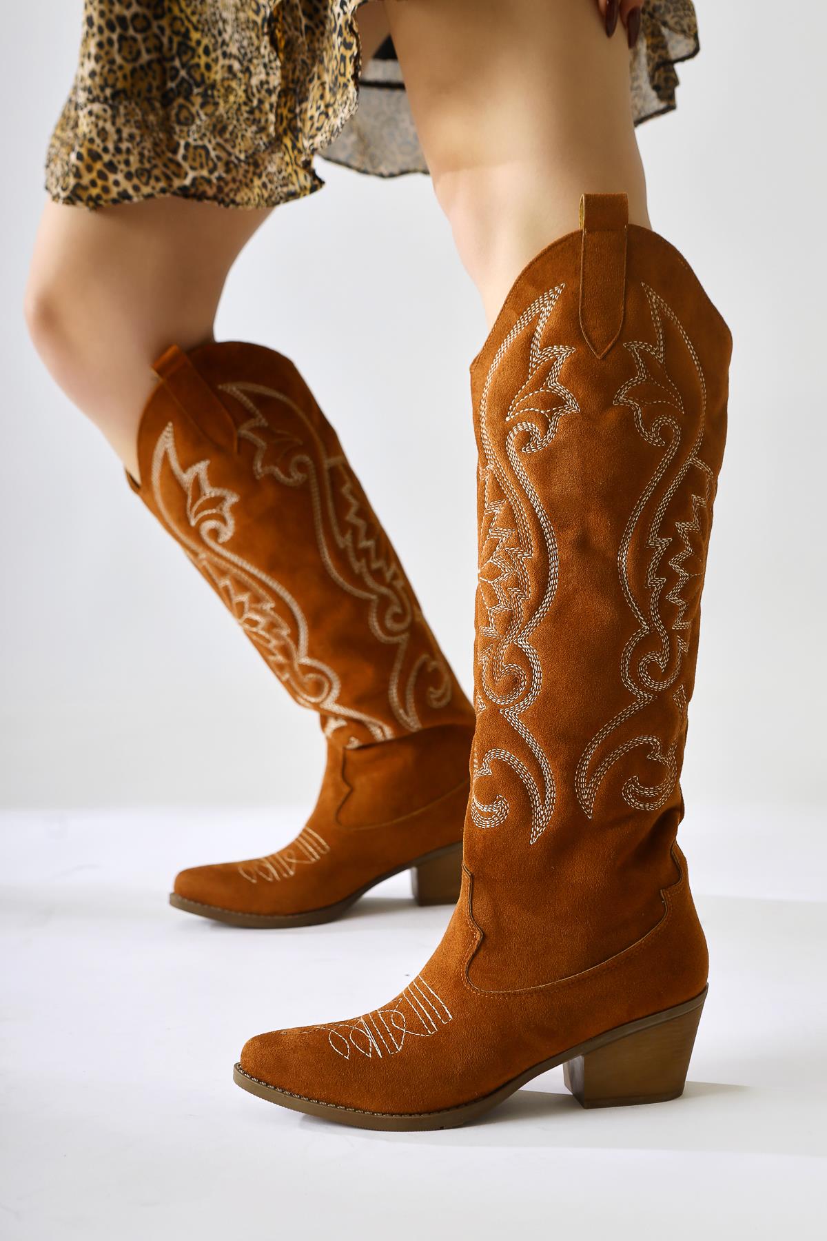 Dani Tan Suede Embroidered Detail Pointed Toe Western Boots