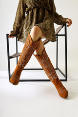 Dani Tan Suede Embroidered Detail Pointed Toe Western Boots