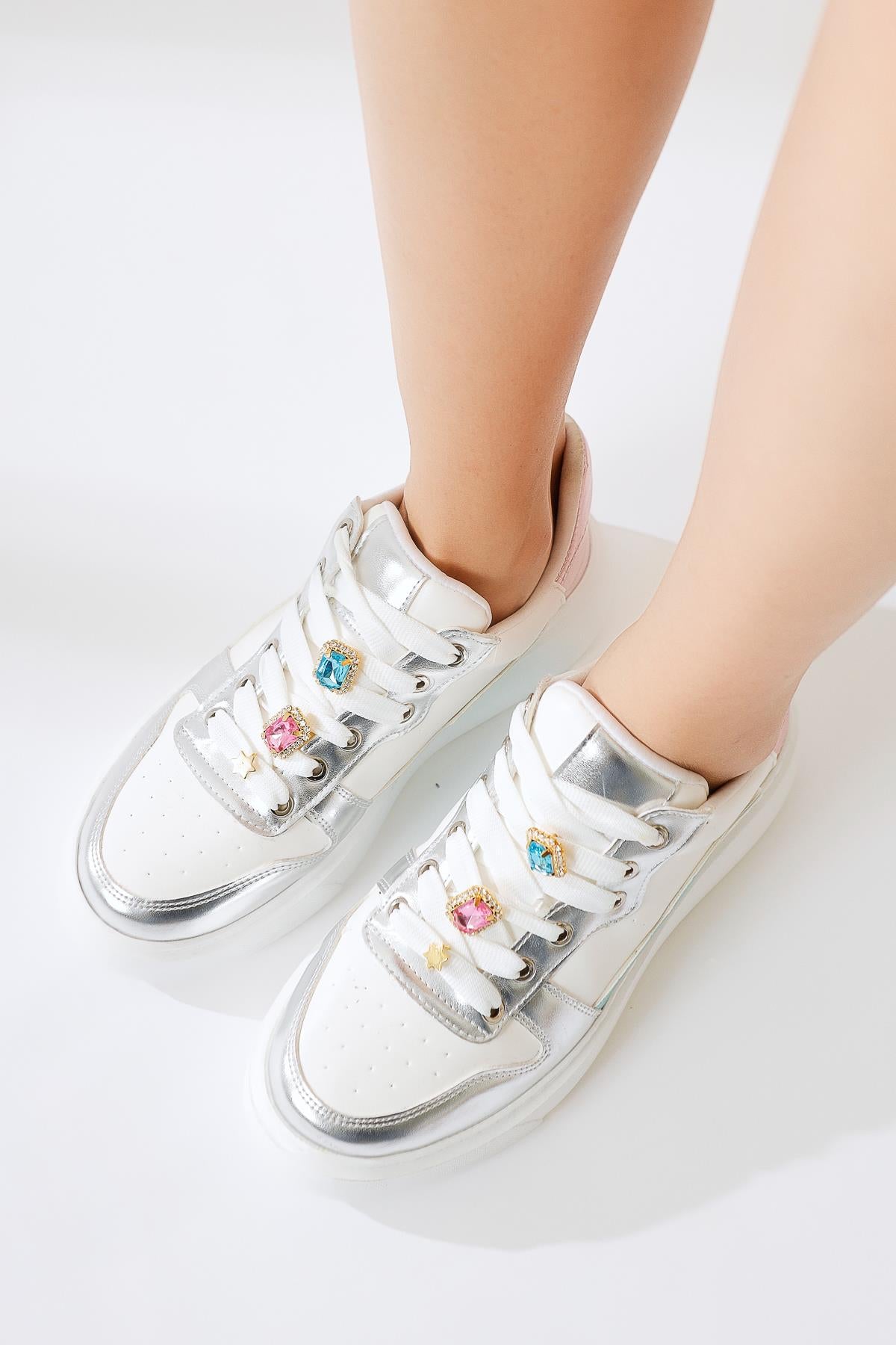 Deena White Thick Soled Stone Detail Sneakers