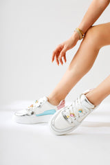 Deena White Thick Soled Stone Detail Sneakers