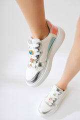 Deena White Thick Soled Stone Detail Sneakers