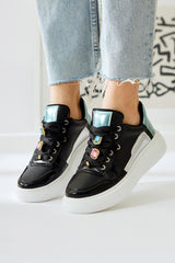 Deena Black Thick Soled Stone Detail Sneakers