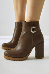 Destina Brown Oval Toe Ankle Accessory Heeled Boots