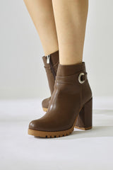 Destina Brown Oval Toe Ankle Accessory Heeled Boots