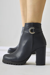 Destina Navy Blue Oval Toe Ankle Accessory Heeled Boots