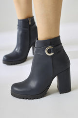 Destina Navy Blue Oval Toe Ankle Accessory Heeled Boots