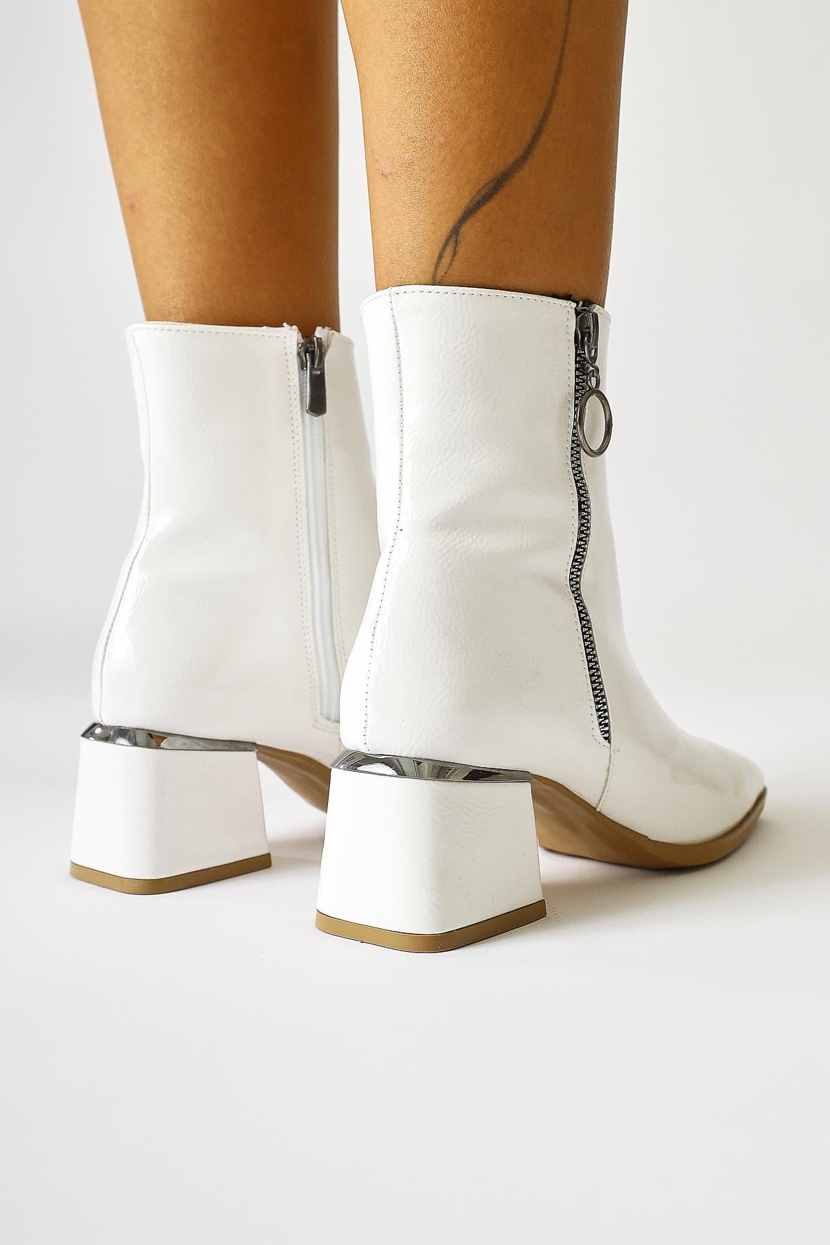 Deyana White Crinkle Patent Leather Zipper Accessory Boots