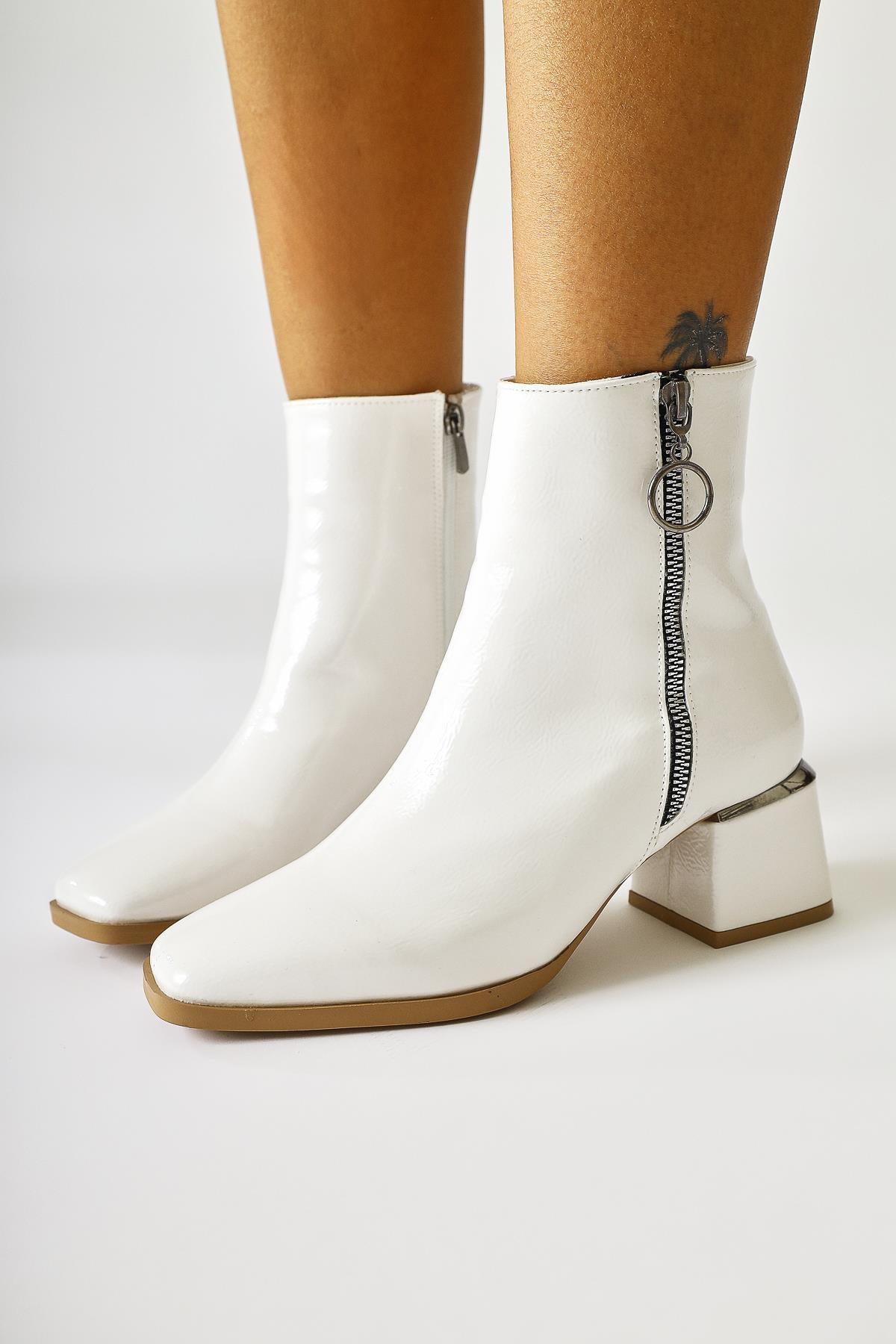 Deyana White Crinkle Patent Leather Zipper Accessory Boots