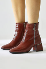 Deyana Claret Red Wrinkled Patent Leather Zipper Accessory Boots