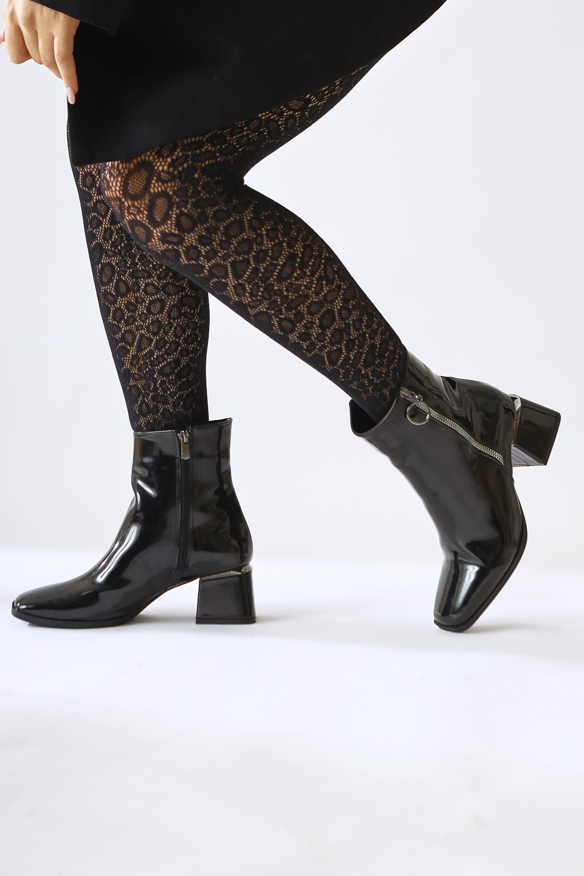 Deyana Black Patent Leather Zipper Accessory Boots